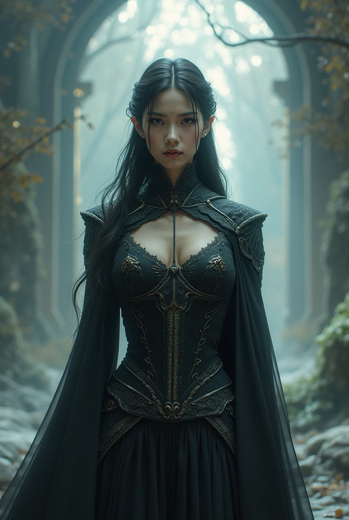a cute big-eyed Korean sad girl, slender and small face, very bright shiny skin, looking at viewer, dark moody quality, fantasy art, digital art, delicate lines and textures, realistic and rich art, imaginative motif art, In the haunting and eerie forest scene, with flowing black hair, the long-cloaked woman in the luminous dress stands amid the dense fog, fear etched on her face as she cautiously navigates through the eerie surroundings. magical creatures, fantastic landscapes, surrealism, cinematography, harsh shadows, vivid colours, rich colours, light and shadow, three dimensional lighting, combination of various colors and shadows, deep and vivid art, volume lighting, hair backlighting, film light, dynamic lighting, good anatomy, same makeup for both eyes, eyes are bilaterally symmetrical, perfect body proportions, sf, intricate artwork masterpiece, ominous, matte painting movie poster, golden ratio, trending on cgsociety, intricate, epic, trending on artstation, by artgerm, h. r. giger and beksinski, highly detailed, vibrant, production cinematic character render, ultra high quality