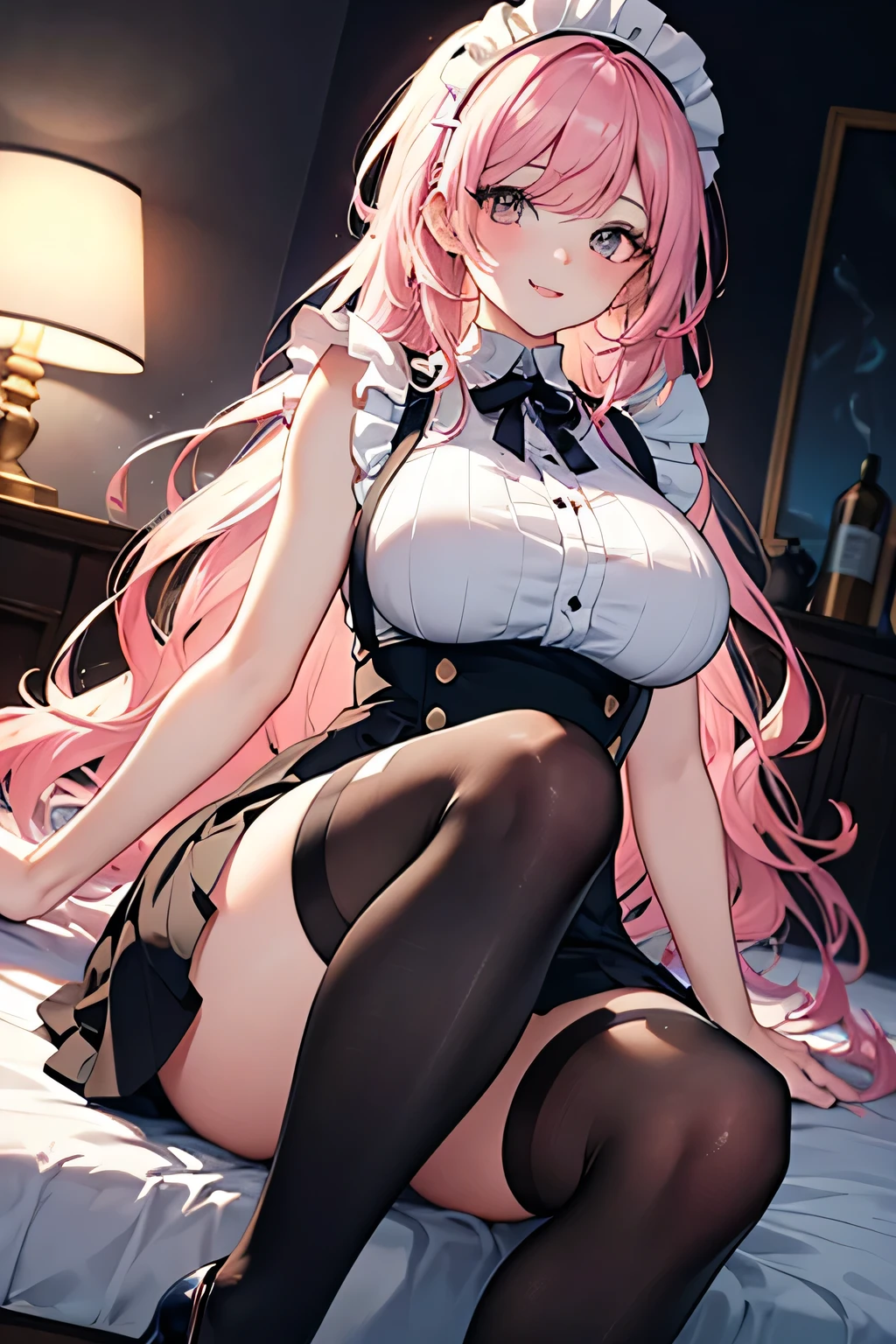 Masterpiece,Best Quality,(Super Detail),perfect writing, Highly detailed CG,Super detailed,(Highly detailed eyes,Very cute face,Highly detailed face:1.3),Beautiful Anime Girl,(Solo Girl),(Super huge boobs:1.4),(super huge breasts:1.4),(Sensual,Glamorous:1.4),(pink,very Long Hair,wave),(Big light purple eyes),Collared shirt,short sleeve shirt,Pleated skirt,lying on the bed,on back,school tight,pink pillow , pleated skirt, zettai ryouiki,high resolution,heart shaped pupils, plaid skirt, black stocking,claw pose,lie on bed,liying , full body , toe,full body seen,full-face blush,sexual climax,arms up,Close one eye, With tears in her eyes and her mouth open,open mouth,