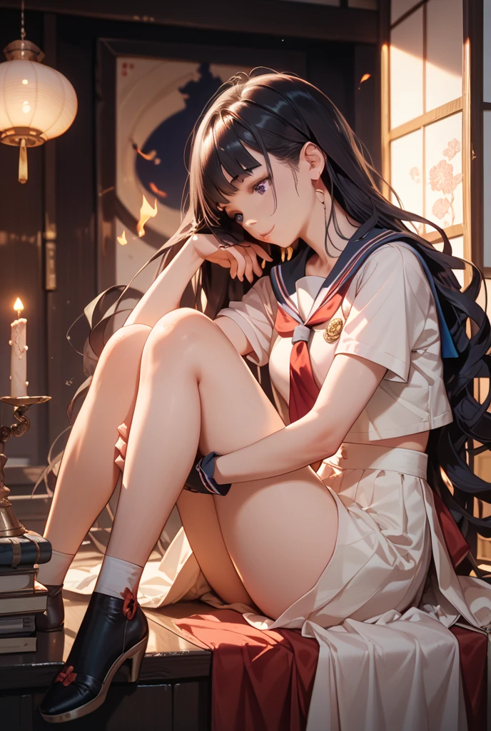 ulzzang-6500-v1.1, (raw photo:1.2), (photorealistic:1.4), beautiful detailed girl, very detailed eyes and face, beautiful detailed eyes, ridiculous, incredibly ridiculous, huge file size, super detailed, high resolution, very detailed, best quality, masterpiece, sailor uniform, ((Japanese girls' high school uniform)), illustration, very detailed, CG, unified, 8k wallpaper, amazing, Fine details, masterpiece, best quality, very detailed CG uniform 8k wallpaper, light on face, light room, 1girl, 14 years old, small buttocks, slender and long legs, ((no panties)), ((dynamic pose)),(camel toe), lying on the bed,
