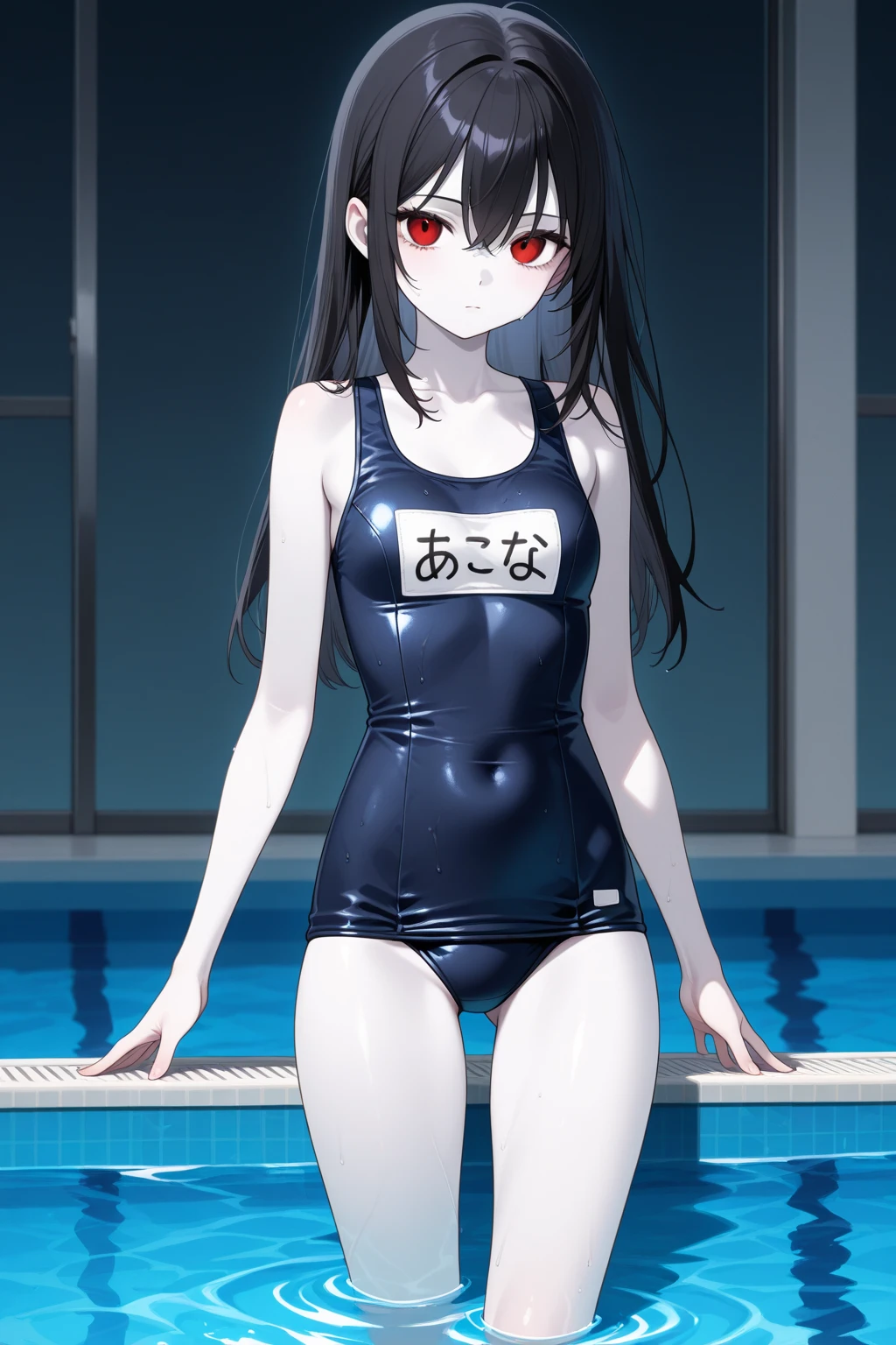Shinomiya Kaguya, Shinomiyakaguya, Red eyes, small breasts, list brook, black fur, Red eyes, micro swimsuit, very tight swimsuit, breasts protrude from the swimsuit, thick thighs, excited, lubricated body
