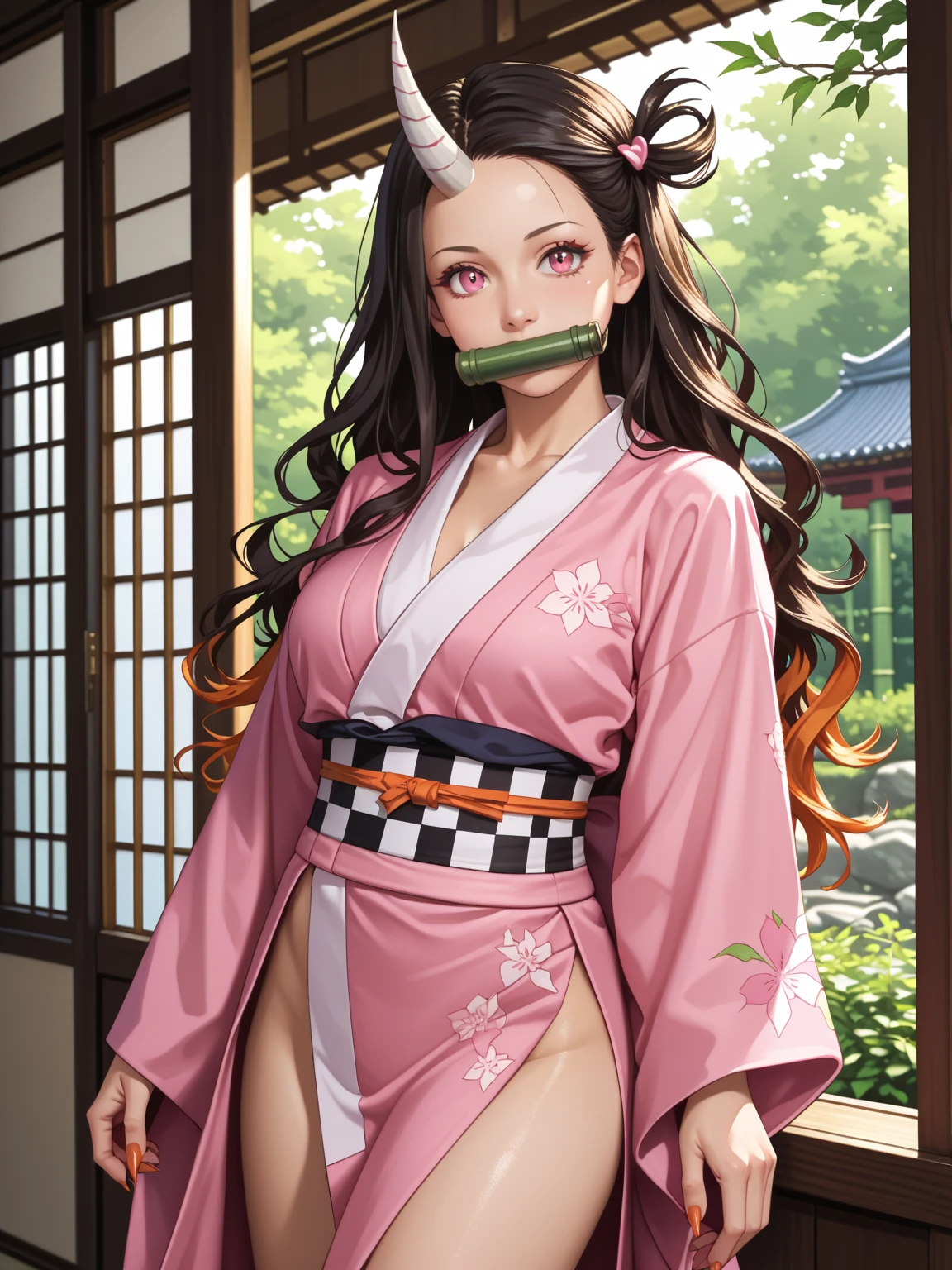 (obra-prima: 1.2, melhor qualidade), (imagem real, detalhes intrincados), ultra-detalhado, highres, 1girl, kamado nezuko, bit gag, Gagged, cabelo muito comprido, fita, roupas japonesas, corpo inteiro, pureerosface_v1, sexy, transparent clothes, perfect body