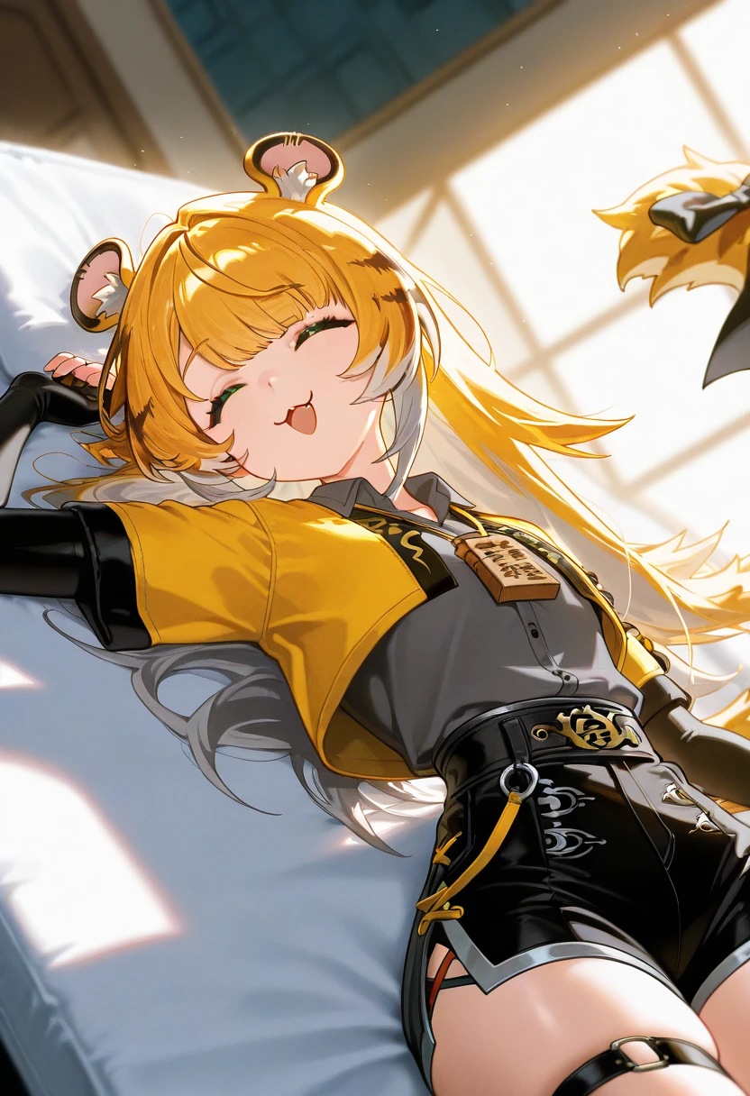 {Leopard print full-body tights}、Slender beautiful girl、high picture quality、beste Quality、detail、Does not blush cheeks、knee high、a-pose、gloves、lie down、a bed、Full limbs、complete fingers