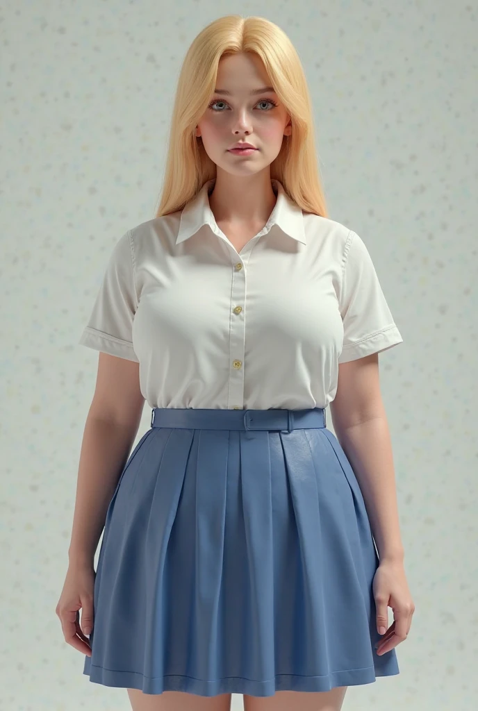 A girl, 20 years, with very long blonde hair, with two ponytails, blue eyes, round face, small nose, small mouth, thick lips, Small ears, cap, belt, big breasts, Cybernetics, glasses, White long sleeve blouse, pleated skirt, blue kilt, socks, scarce, visible breasts, Ray Tracing, Reflection light, 16k, 8k, highres, best quality, award winning, high quality, high details, super detail, textured skin, anatomically correct, accurate, masterpiece