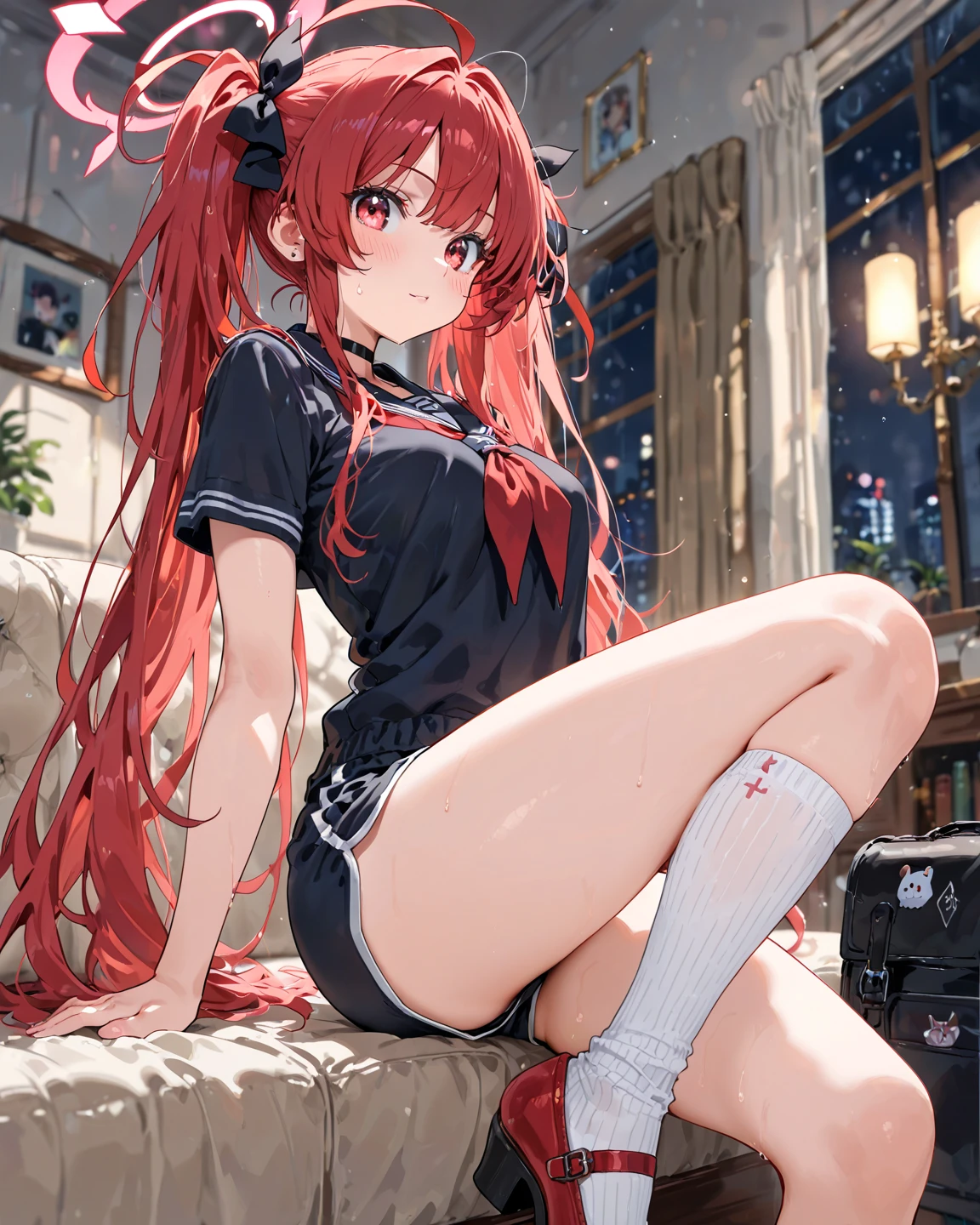 1 Girl, Solitary,, black High Leg Raise, breast, cleveage,chen motong, long hair, (((red hair))), (((red eyes))),Hair hanging down on both sides of the face,Hair hanging down on both sides of the face,Hair hanging down on both sides of the face,(Red pupils) ,see-through white sailor serafuku school uniform , Long hair, White,White,Looking at the audience, Red hair, red short nails, Golden Eyes, Solitary, High Leg Raise, Squeeze the meat,Squeeze the meat吊带,Squeeze the meat吊带, very Long hair, ((masterpiece)), sitting, Chair, table, computer on table, Name Tags, id tag, indoor, Smile, ((blush)), Shy, Sexy pose,Bitch Virgin,Bitch Virgin,Bitch Virgin,Bitch Virgin