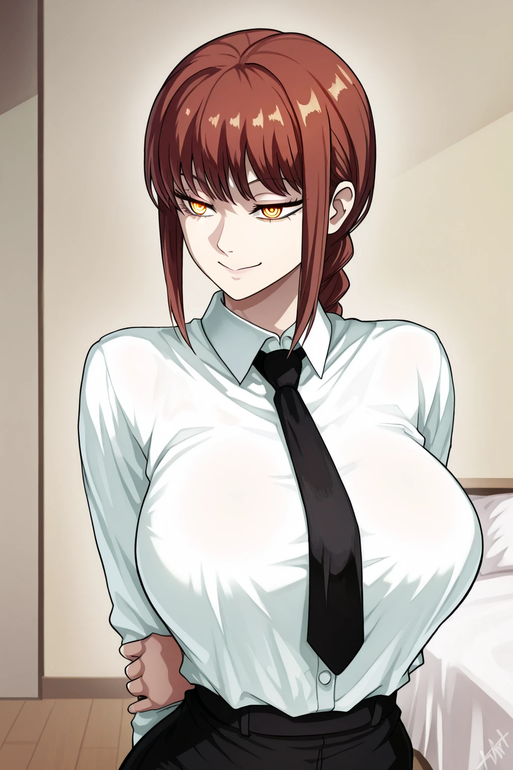EFT_Makima, povbreastgrab, pov hand, perfect hand, breast grab, from below, front view, naugthy smile, squinted eyes, looking at viewer, ringed eyes, black necktie, shirt, yellow eyes, braid, red hair, collared shirt, white shirt, braided ponytail, bangs, sidelocks