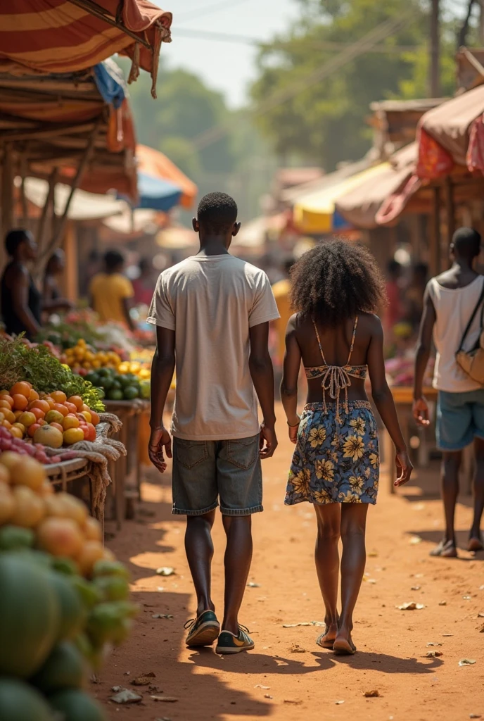 A beautiful young African girl of 18, Amara, and a young man, Kofi, sharing a tender moment in a vibrant village setting, with warm smiles and a backdrop of colorful market stalls, in 16:9 dimension.