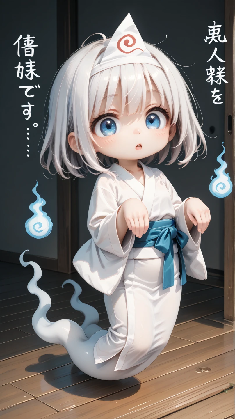 masterpiece, best quality, amazing quality, very aesthetic, absurdres, cute, kawaii, cute round face, slender, detailed eyes, detailed hair, dark night,
cute chibi girl, deformed, triangular headpiece, shiroshouzoku, hitodama, ghost pose ghost, white japanese clothes, long sleeves, wide sleeves,ghost tail, white hair, talk, many text, (((A lot of dialogue))), (((lots of japanese sound effects))), comic style, 