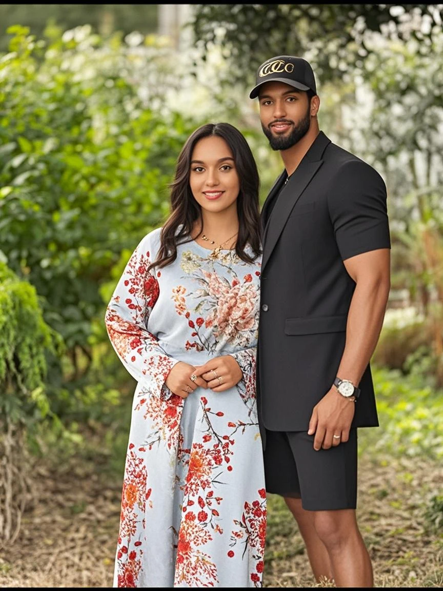 Romantic cute Woman without spectacles, white loose long maxi dress with frills, big round , standing near bearded husband wearing spectacles, athletic body, white shirt full sleeve, folded hand cuffs, off white pants with black belt and shining black shoes, outdoor near trees and bushes, green grass on the ground
