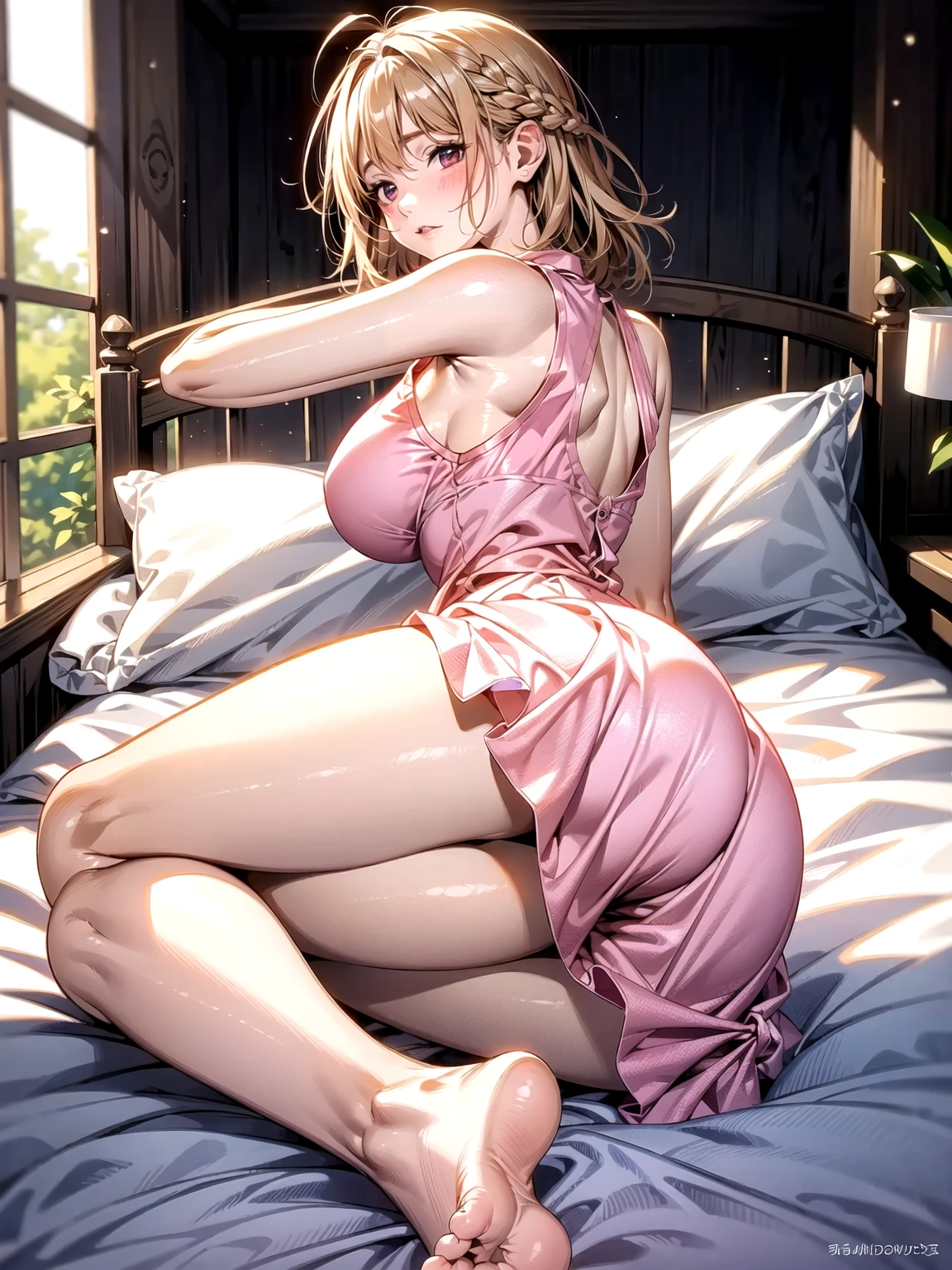 Minami_Fuyuki, 1girl, ahoge, solo, blonde hair, looking at viewer,
cleavage, jewelry, earrings, pink shirt , pink shorts,  ass, on stomach, pillow, lying, looking back, on bed, blush, bed, sideboob, from behind, underwear only, back,indoors,
(highres:1.2),(ultra-detailed:1.2),[high dynamic range lighting],(masterpiece:1.3), (best quality),highly quality, intricate details,(extremely detailed CG unity 8k wallpaper:1.2),best shadow,(extremely detailed fine touch:1.2), (high resolution), (8K), (extremely detailed), (4k), (pixiv), perfect face, nice eyes and face, (super detailed), detailed face and eyes, textured skin, absurdres, highres,deep skin,skindentation,
<lora:Minami_Fuyuki:0.7>