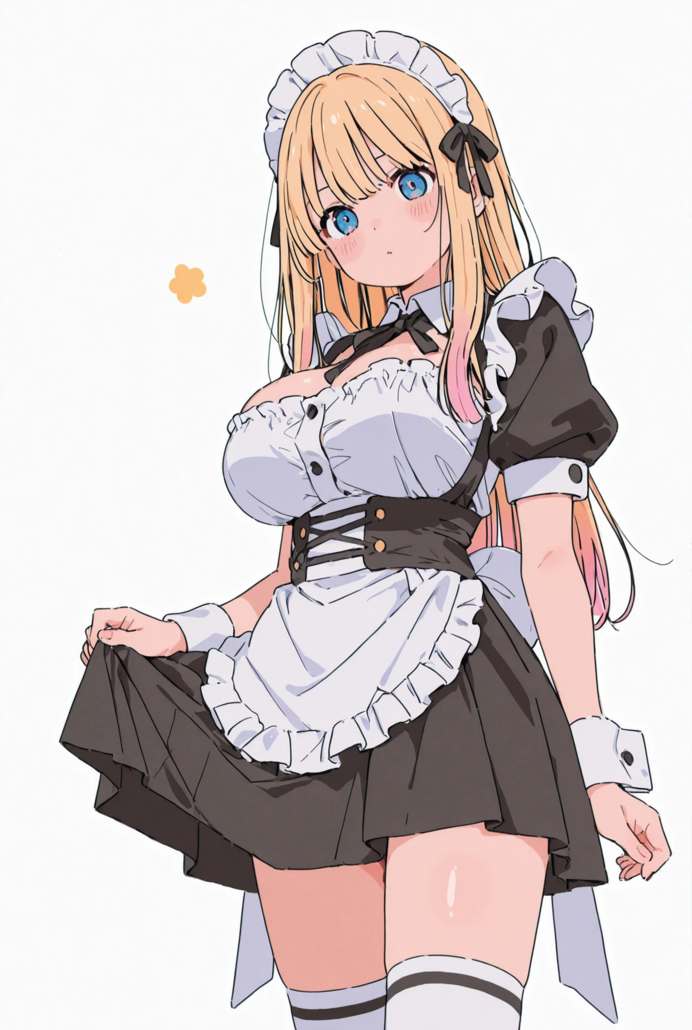 Maid、Long hair、Blonde、 composition from directly below、knee-high、cute、Anime、big breasts、High Knee Socks、raise your skirt、Bewitching、