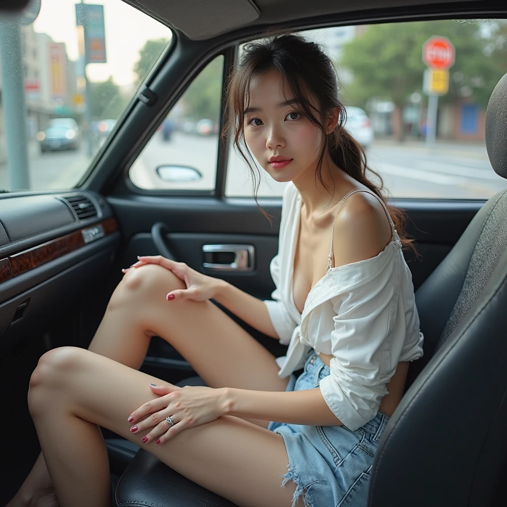 Abandoned city scene, best quality, full body portrait, delicate face, 18-year-old girl, slim body, small bust, white transparent bikini, looming, panties to crotch, facing the camera, sitting on the ground, spread legs, full of garbage, greasy, sweaty, dirty and dilapidated