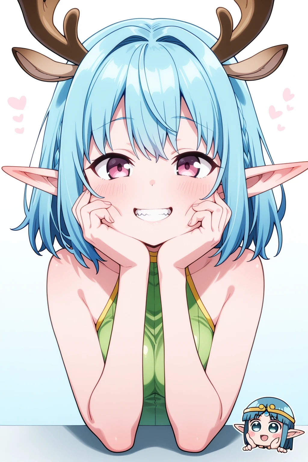 cute young girl, light blue hair, long hair, small braids hair, yellow eyes, dragon horn, dragon tail, elf ear, muscular body, small breast, nude, cute pose, blushing, smile, sleep pose