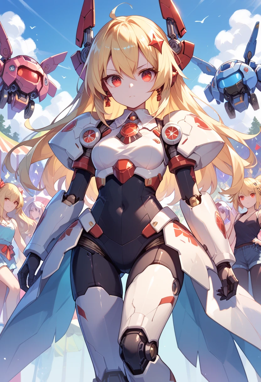 (masterpiece),(best quality),(ultra-detailed),(best illustration),(best shadow),(absurdres),(detailed background),(very aesthetic), 1girl, solo, light blonde hair, long hair, blue eyes, seductive smile, large breasts, mecha musume, armor, looking at viewer, arms crossed, cute eyes, portrait, red armor,