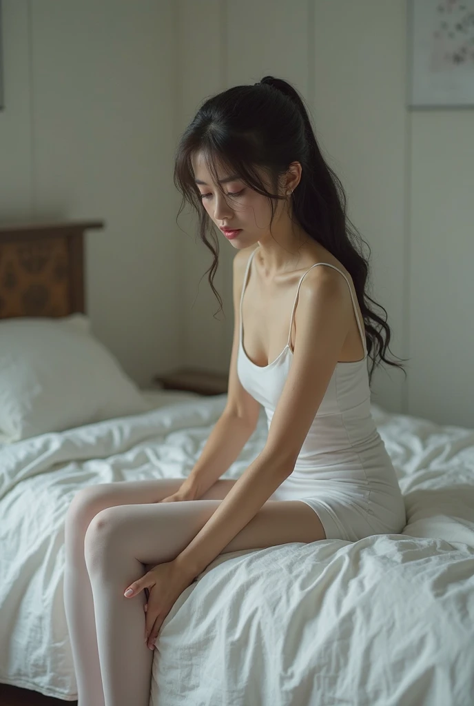 there is a woman Sitting on the bed with her arms up, Paintings inspired by Kim Jung Hee, Shutterstock, Visual Arts, gorgeous young Korean women, beautiful young Korean women, Korean women, beautiful south Korean women, Korean Girls, Relaxed pose, Sitting on the bed, wearing white pajamas, Young Asian Woman, Sitting in the bedroom, Relaxed posture