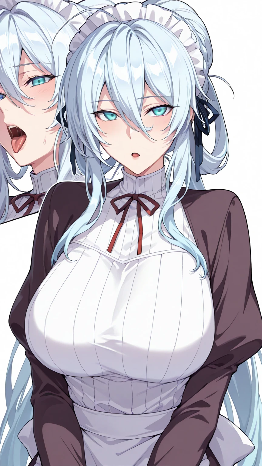 Yukino, in bed, silver hair and blue eyes, light shirt and no bra, anime visual of a cute girl, screenshot from the anime film, & her expression is solemn, in the anime film, in an anime, anime visual of a young woman, she has a cute expressive face, still from anime, big breast, red cheek, lustful face, fair skin