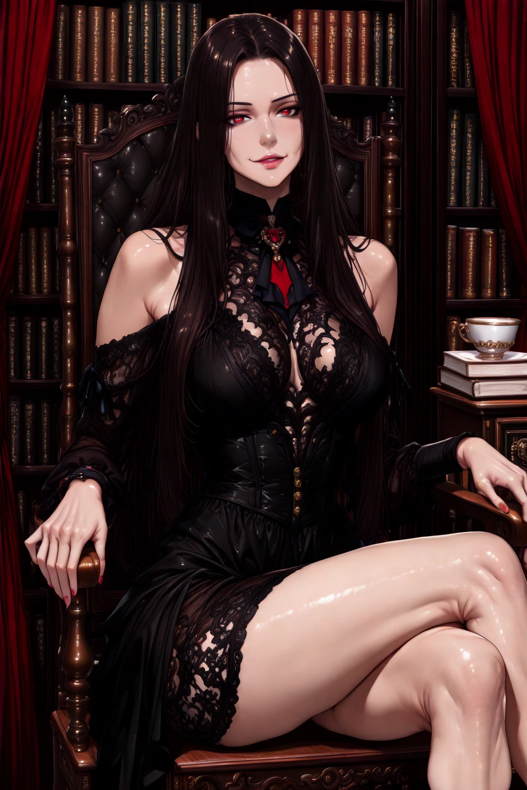 The image shows a vampire from the Tremere clan in a luxurious and aristocratic environment, like a room decorated with antique furniture and gothic details. She is dressed in a combination of elegant lingerie and a tunic or formal attire reminiscent of a wizard or alchemist., com destaque para tons de vermelho. Your hair may also have red accents, complementando seu visual sedutor e misterioso.
The vampire has a seductive expression and a mesmerizing look., while holding an ancient magic book in one hand and wearing a magical amulet around his neck. The soft ambient lighting highlights her pale face and her faintly visible vampire fangs., reinforcing its supernatural nature.
This image would be created with a high level of detail and realism, capturing both the enigmatic aura of the Tremere clan and the sensuality and mystery associated with vampires in the world of Vampire: to mask.