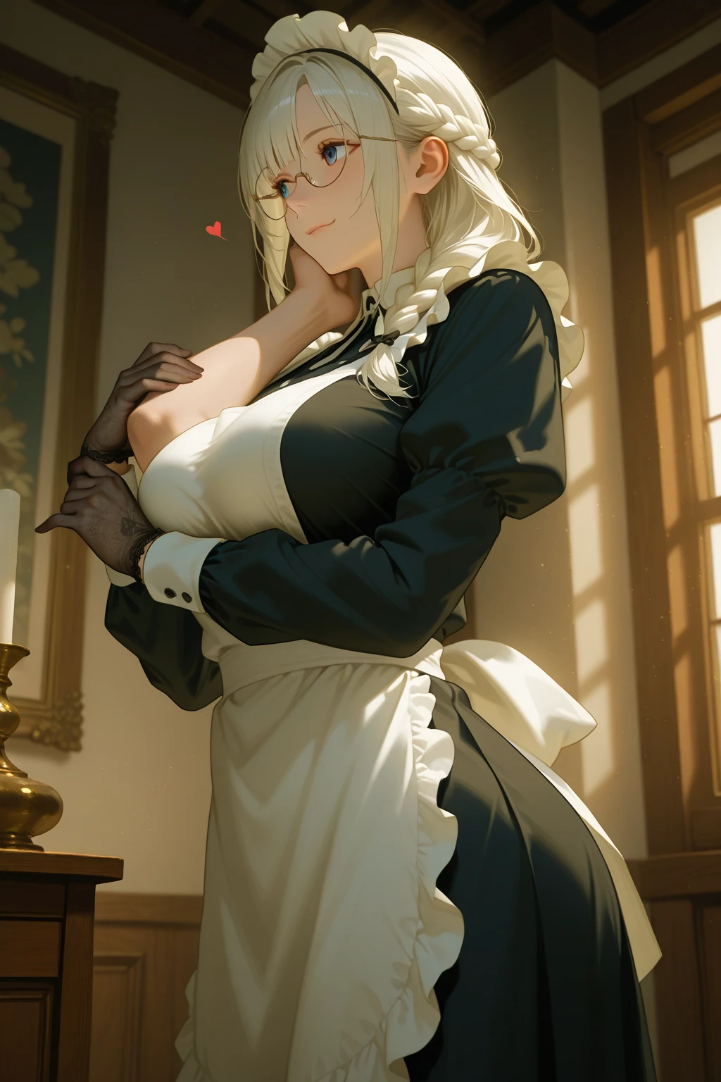 (masterpiece), best quality, Ultra Detailed, Perfect hands, Perfect legs, Delicate eye expression, 1 girl alone,, whole body,maid(Black, mini skirt),maid headdress, skirt lift,  at midnight, 客厅Walk廊(hidden, Only candles are glowing), Walk,,Squint your eyes, Smile, Large Breasts. (((cleveage)))8k, Ultra Detailed, Fair and aesthetic, high quality, Fair, masterpiece, best quality, Everlasting, Lean over, glowing skin, Sticking out tongue of mouth, blush, Sexy body, definition, Perfect eyes, Sticking out tongue, blush, Strabismus,（eyes filled with tears, Saliva residue）, The hem of the skirt is wet, Brushed, photography, 8k, HDR, high resolution, absurd:1.2, Kodak Portrait 400, Film Grain, Blurred background, Bokeh:1.2, lens flare, (Full of energy_color:1.2),专业photography师