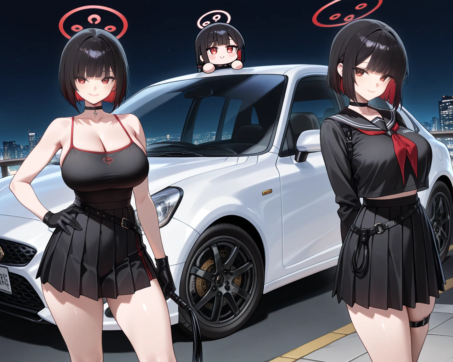 , ((High resolution)),masterpiece, high quality, 最high quality, beautiful, perfect lighting, detailed face, super cute face, ((1 girl)), ((alone), short black hair, bob cut、blunt bangs、yellow eyes、embarrassed look, ((blush)), looking at the viewer、:d、put your hands on your hips, Standing in the city, daytime, sleeveless shirt, pencil skirt, (tight clothes), (muscular、female police officer), (thigh height), (wide hips), ((thick thighs)), (((Panty shot)))、flip up skirt、light blue lace bra、light blue lace panties、huge breasts,、cleavage, perky chest, 24 year old female、(((spread your legs)))、
