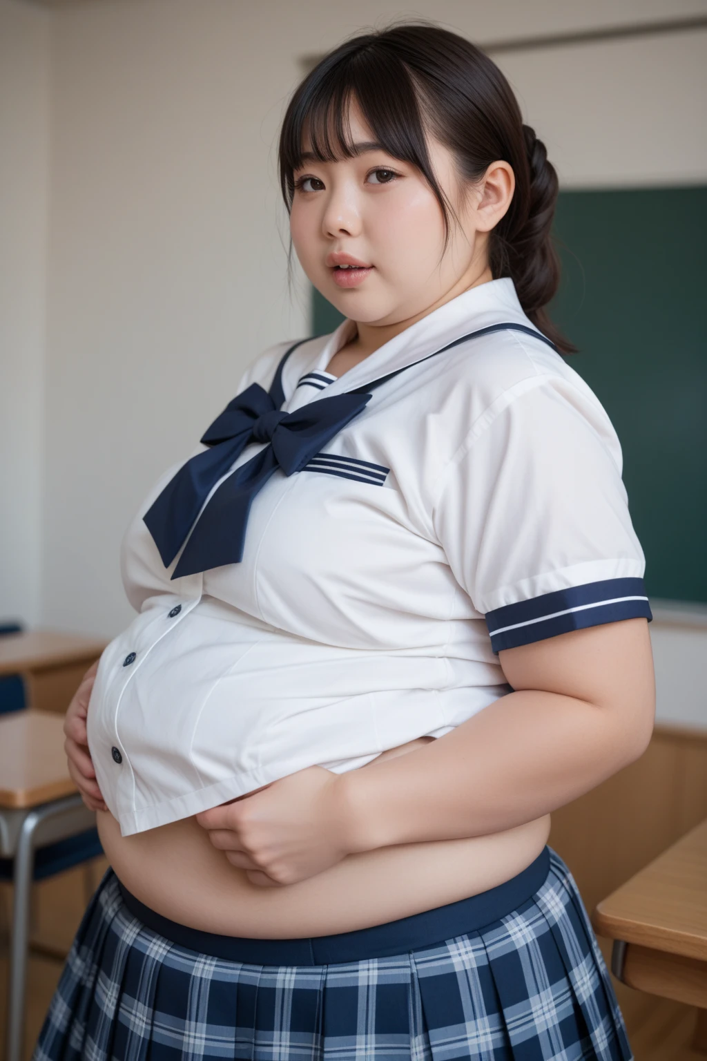 ((Masterpiece)), (best quality), 1girl, blue eyes, short hair, shiny lips, (teacher), big belly, (vore), <lora:voreStomachBulge_v2:0.7>,