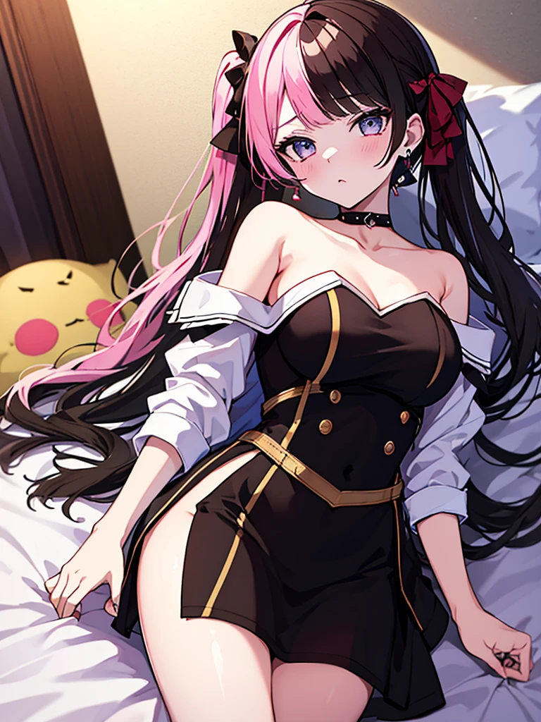 masterpiece, best quality, highres, 1girl, solo, twintails, pink hair, black hair, (multicolored hair), long hair, pink eyes, black fingernails, nail polish, choker, black headwear, naked, nude, completely naked, breasts, midriff, <lora:zoe-10-v2:0.9>, looking at viewer, light smile, blush, bedroom, bed, sitting, <lora:GoodHands-beta2:1>, <lora:add_detail:0.3>