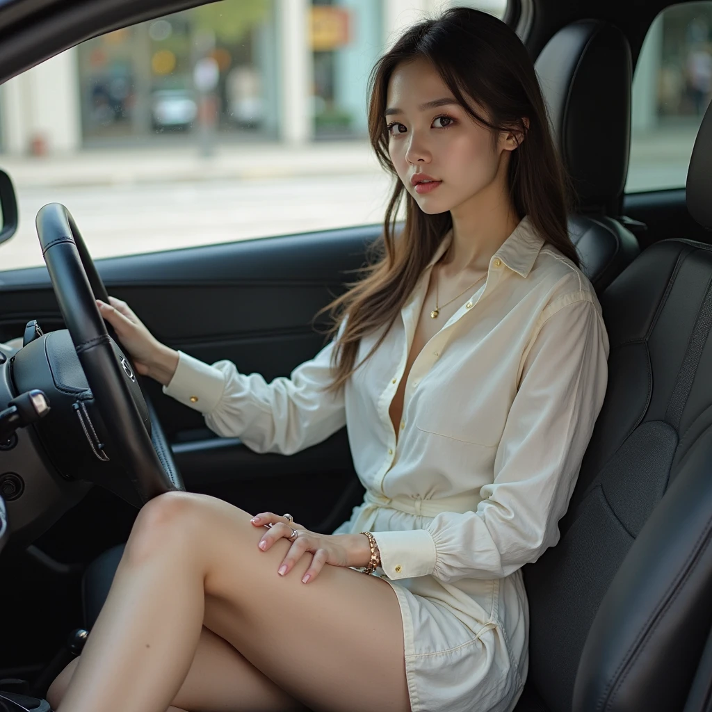 a woman sitting in a car holding a steering wheel, a stock photo by Lü Ji, featured on cg society, aestheticism, feminine, stylish, stock photo
