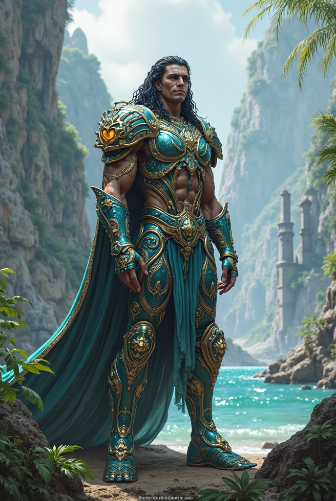 Sculpted warrior, exposed upper torso, legs bared from thighs to feet, flowing long curls, intricate muscular details, photorealistic depiction, 4K resolution. Background: Ancient temple ruins in a lush jungle,32k uhd, best quality, masterpiece, super detail, high details