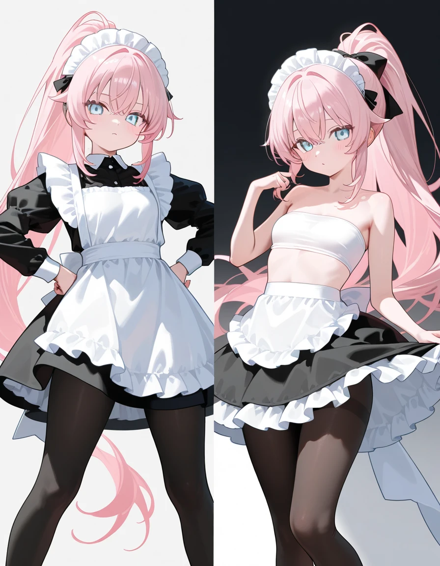 highest quality, masterpiece, ((2 girls:1.5)), ((smile:1.3)), (blush:1.3), Black Shirt, blouse, ((fun!!)), (Small breasts), Blonde, (Long sleeve), ((White apron:1.5)), ((Maid)), ((hair ornaments)), Kamimei, look at me, ((in house:1.5)), Taking a break from watching the audience, Cowboy Shot, (skirtlift:1.3), (Highly detailed pink striped panties:1.3), (Highly detailed panties:1.3), (skirt that rolls up:1.3), (Panties fully exposed:1.5), Light blue eyes, long hair, Glowing Eyes