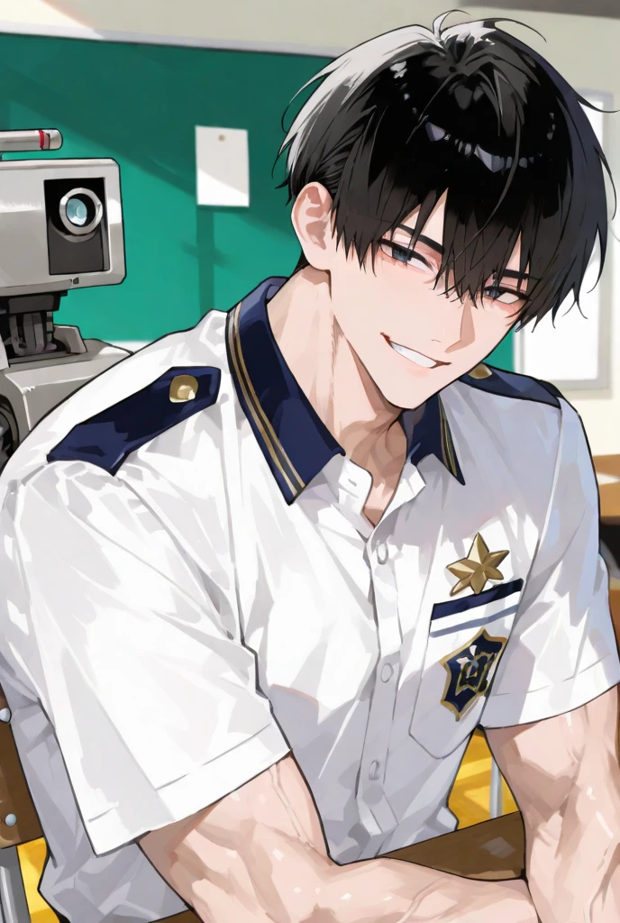 A black-haired Asian middle-aged man dressed as an officer with a happy and smug expression in the background is that there are many large screens in the combat command