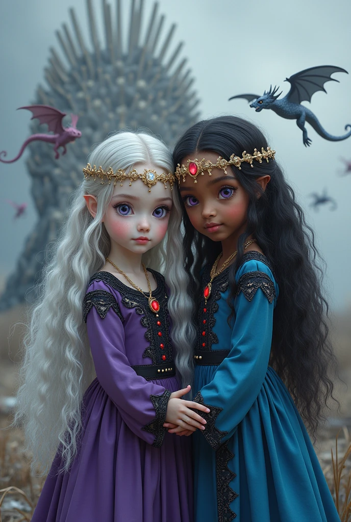 Image of 3 girls with white hair and purple eyes with different hairstyles, appearances and Targaryen-Velaryon dresses, two voluptuous women and a smaller and beautiful one
