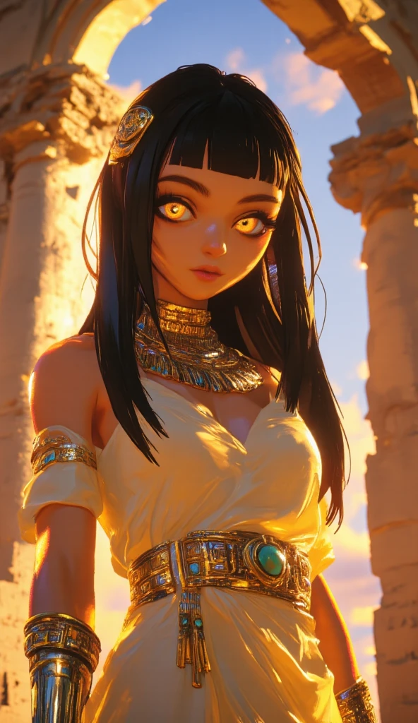 (1girl),long black hair, Blush,Egypt, Middle East robes, Anubis, covered with (bandages),dog ears,  brown skin,mummy,cute face,blush,yellow eyes, 
3d rander,blender render,unreal engine,masterpiece, high quality, ultra details,ray tracing,