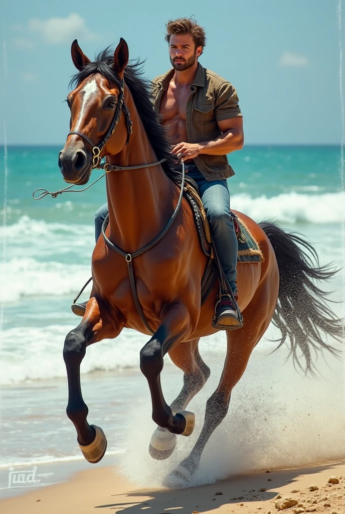 male centaur with horse penis, full body, standing on a deserted beach