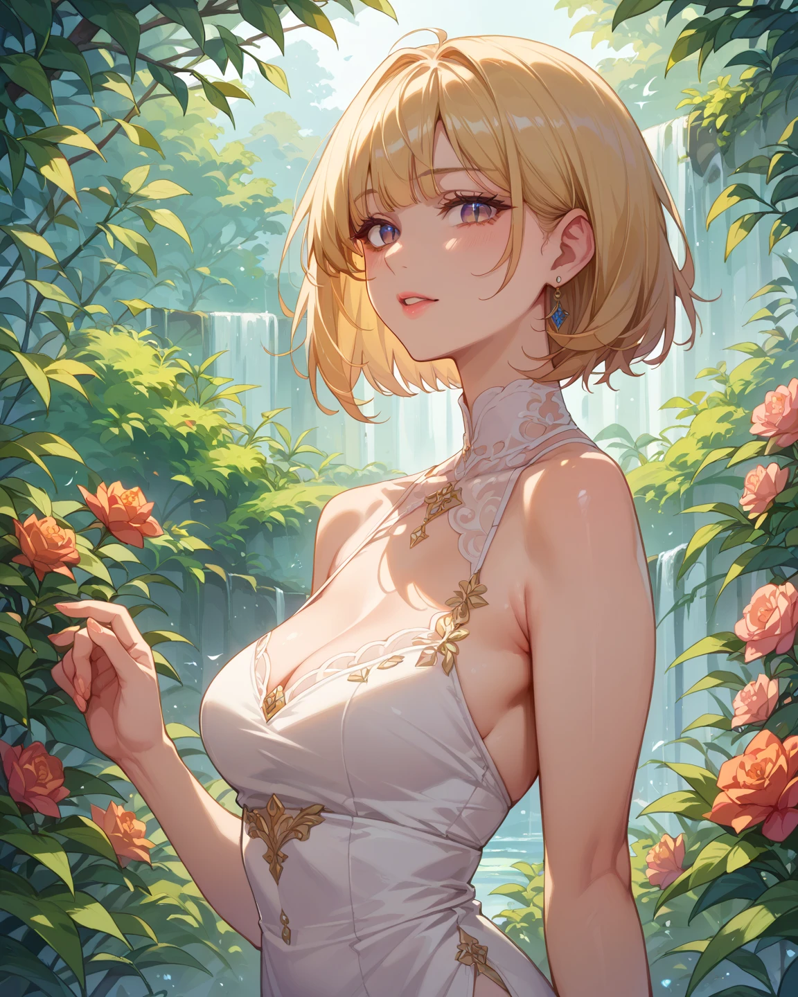 A princess and an older man are playing in water, wet dress, laughing, lustful, detailed face, golden eyes