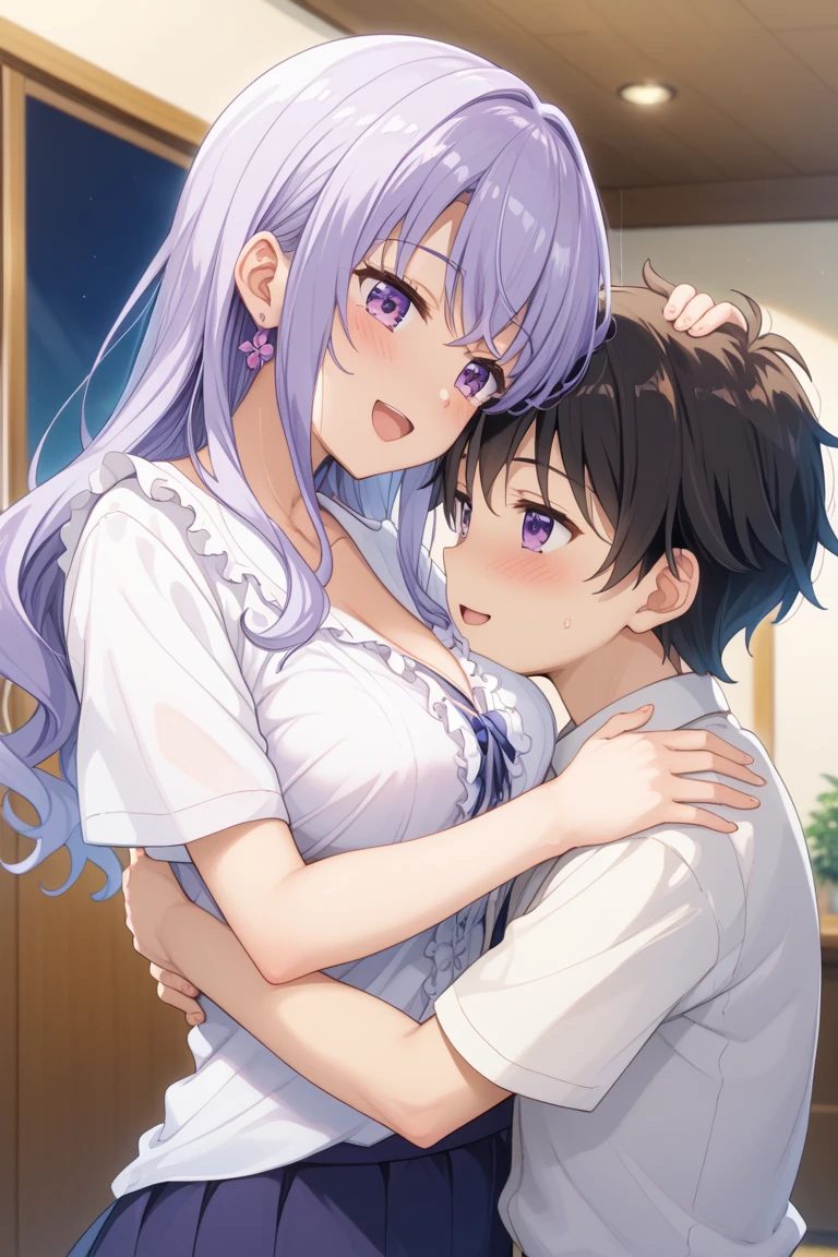 A naked middle-aged man is having sex with a crying girl with black bob hair, erect nipples, pale pubic hair, topless, floral panties and a checkered skirt, who is shy and scared and resists, on a train.、whole body
