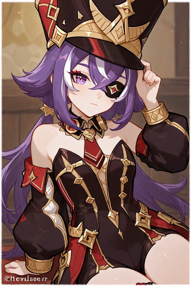 masterpiece, Best quality, 1 Girl,It has,shako hat,purple hair,long hair, eye patch, Purple eyes,separate collar, tie,bare shoulders,cut off sleeves,dress,White gloves,black tights, garter belts,white thigh high boots,
Gray background, dress lift, red panties