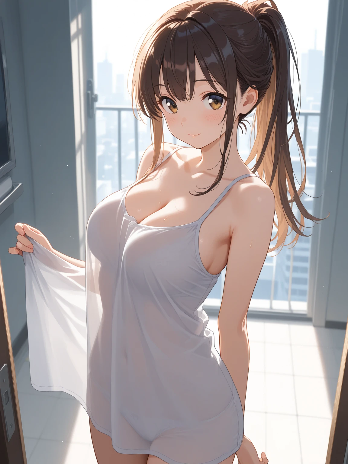 bra,nude,1 women,shower room,wet:1.5,collar,Arms behind head,standding,armpit