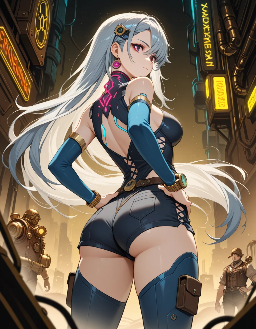 (1 mature robot girl,Age 35), ((Pub,guild)),(smile),Dynamic pose,Dynamic Angle,Pose for a photo,From below,Elderly woman、Trading Card Game Frames、Highest Rare、Five Fingers、Signature mark、Big Butt、White Hair
