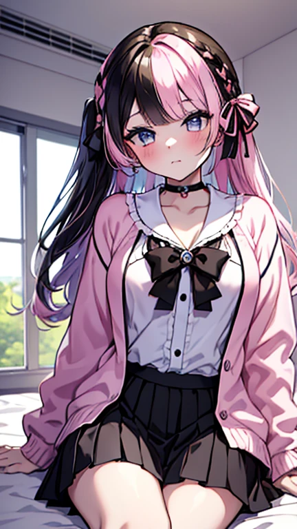 (highest quality:1.2, Very detailed, up to date, Vibrant, Ultra-high resolution, High Contrast, masterpiece:1.2, highest quality, Best aesthetics), Portraiture、girl、(25 years old:1), Bright colors、Beautiful fine details、Beautiful lip detail、long hair、black and purple ((streaked hair:1.6)), highlights hair: 1.5, brown eyes, cross earrings, slim body, small breast, shopping at a clothing store, elegant blouse, skirt, picking up clothes and looking at them, Cowboy shot, 