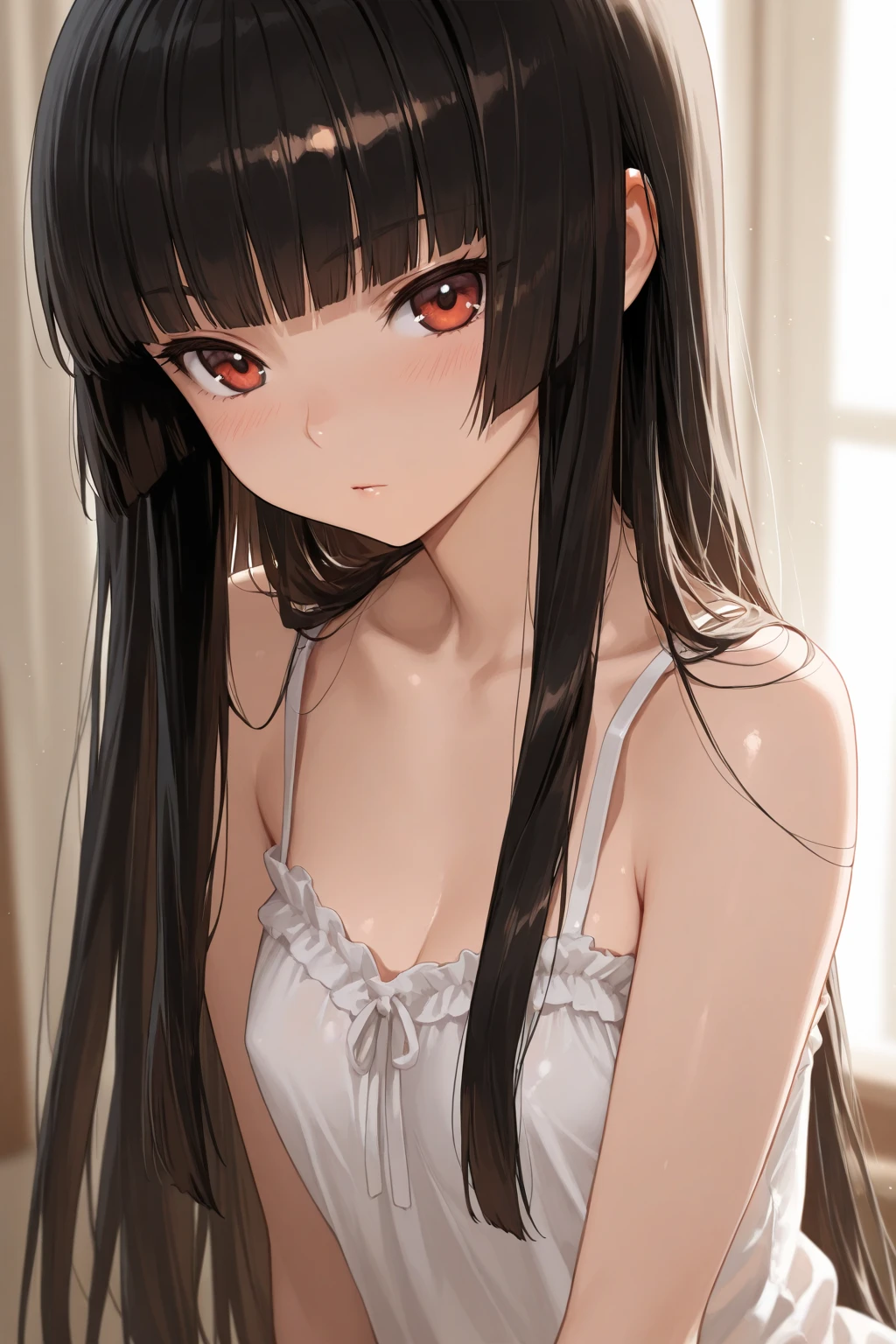 8K, detailed, anime, smooth anime CG art, masterpiece, high quality, highres, best quality, highres, 1girl, disheveled hair, illustration, focus on face, simple background, long hair, socks, black hair, hair between eyes, calm, dress shirt, long bangs, tied hair, braided hair, narrow eyes, ribbons in hair, crimson red eyes, large breasts, breasts, perfect face, perfect legs, no pants, full lips, add_detail:-3