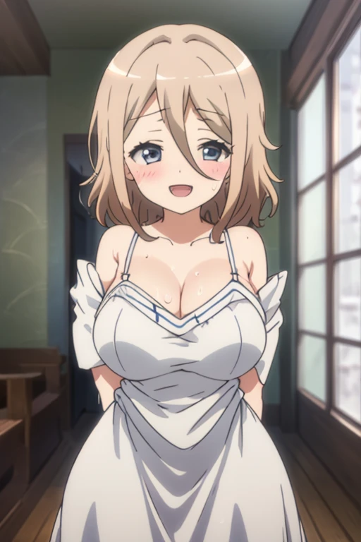 (anime cels style, masterpiece, best quality, high resolution, megami magazine, anime poster style, sharp, 8k), (beautiful eyes:1.2), kay_(girls_und_panzer), 1girl, blond hair, medium hair, blue eyes, blush, (natural large breast), (lose shirt:1.5), (doggystyle:1.5), (all fours, front viewer:1.5), bed, (perfect detailed anatomy, beautiful face, perfect body, perfect arms, shiny skin),