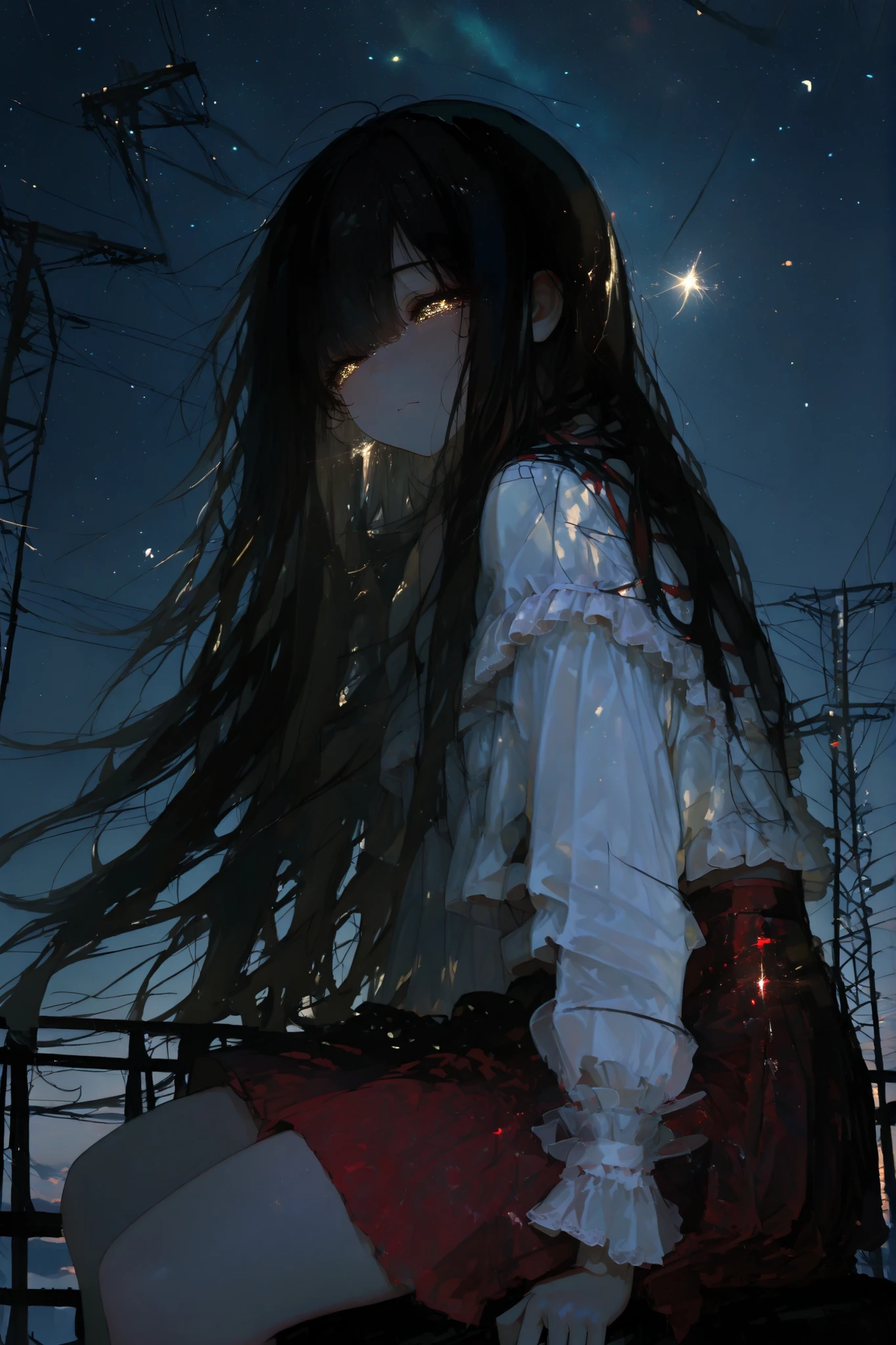 anime style, hanako-san urban legend girl, long black hair flowing in the wind, red skirt, white blouse, sitting on top of a transmission tower, looking back over her shoulder, sad and lonely expression, soft tears on her cheeks, emotional mood, beautiful starry night sky, glowing stars, gentle night breeze, dramatic lighting, dreamy atmosphere, cinematic composition, detailed face, high quality, ultra detail, masterpiece, best quality, high detail, soft shading, light bloom
