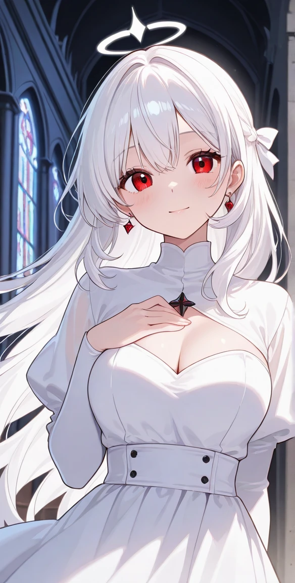 a women, flowing white hair, red eyes, beautiful face, Beautiful dress, Middle Ages, Maximum details:1.2, High quality:1.2, upper class, ปานกลาง chest, lawn background, 2D, 4k details, shy, Neat manner