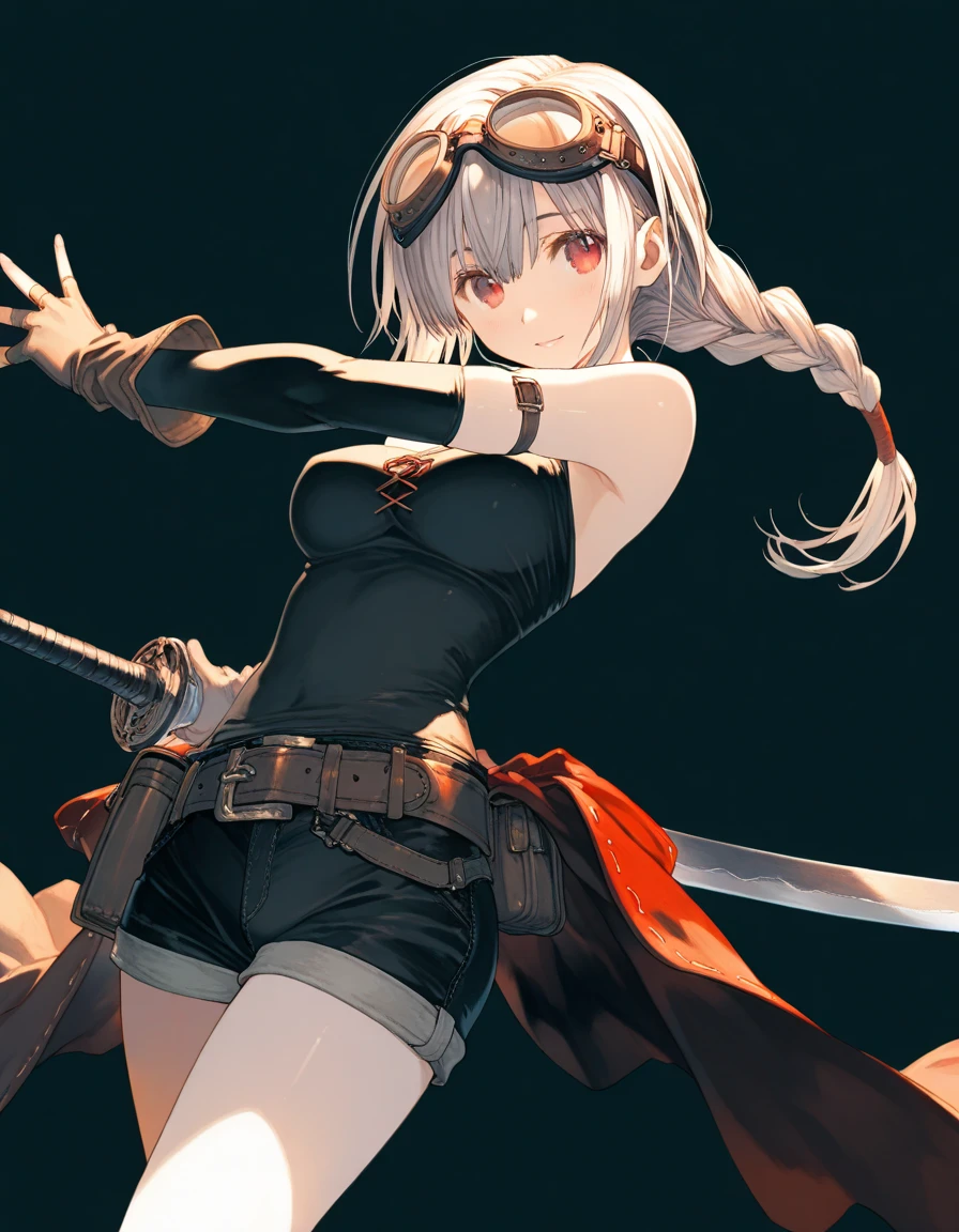 masterpiece, best quality, 1girl, grey hair, shoulder length hair, wavy hair, black hairband, auburn eyes, beautiful detailed eyes, beautiful detailed face, cute face, stoic, professional, ninja, black leotard, black tactical gloves, bare legs, gold bracelets, black thigh-high boots, using katana blade, scabbard, cityscape, night, noir atmosphere.