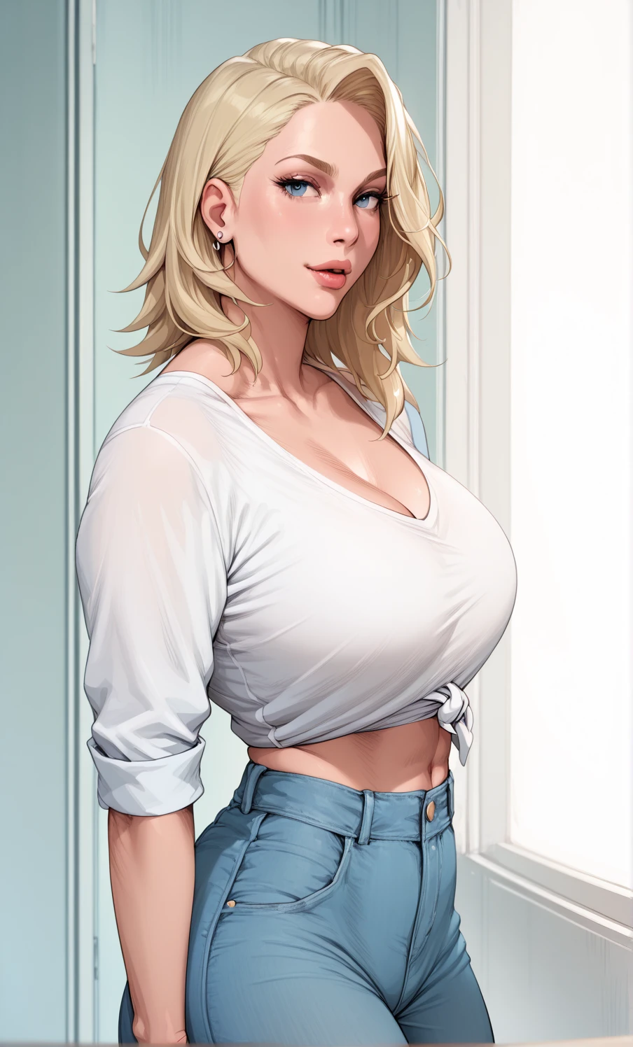 Jennifer Aniston, masterpiece quality, realistic, detailed, studio lighting, wearing blue jeans, wearing grey sweater, thin body, huge breasts, (huge breasts:1.5), standing in apartment, holding breasts, squeezing breasts,