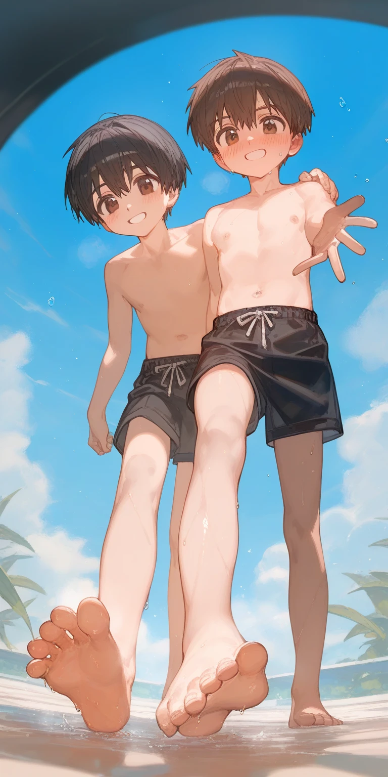 (Two Shotas:1.5), (baggy:1.4), (Black tank top:1.3), (Red panties:1.3), (bulge&erection:1.2), (Looking up:1.4), The wind is blowing, (((Highest quality))), (((masterpiece))), (((Super detailed))), (skinny:1.3), ((Spiked Hair)), (The wind is blowing), ((Black and white short hair)), Wine red eyes, Raise your arms, ((smile)), (Open your mouth), ((Earrings)), blue sky, Grass, (Choker on neck), Underarm, Sweaty skin, ((Wet clothes)), Nipples, center, (Shooting from below),