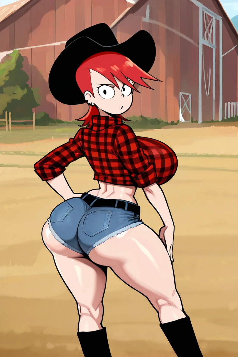 cowgirl's massive bent over rear butt cheeks out of bottomless skirt out bare and wet boots spreading her legs, gloved hands hidden behind head, sunglasses
