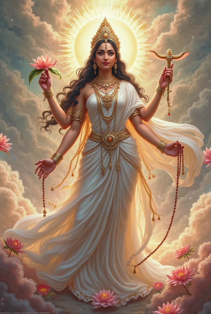 An indian Goddess. Perfectly shaped. Long straight thick hair. White skin with Golden glow. Forehead smeared with red vermillion. Wearing white top and saree having golden boarders. a crown. Adorned with golden ornaments.
Holding lotus in left hand. Right hand in blessing posture.
Dark eyes and thick lips.