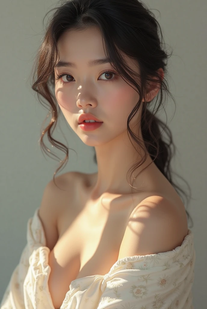 film portrait photography, 1girl, bare shoulders, wavy shoulder-length hair, serene, calm, (realistic detailed eyes, natural skin texture, realistic face details), soft dramatic lighting, depth of field, bokeh, vibrant details, finely detailed, hyperrealistic, 35mm film, hazy blur, filmg,