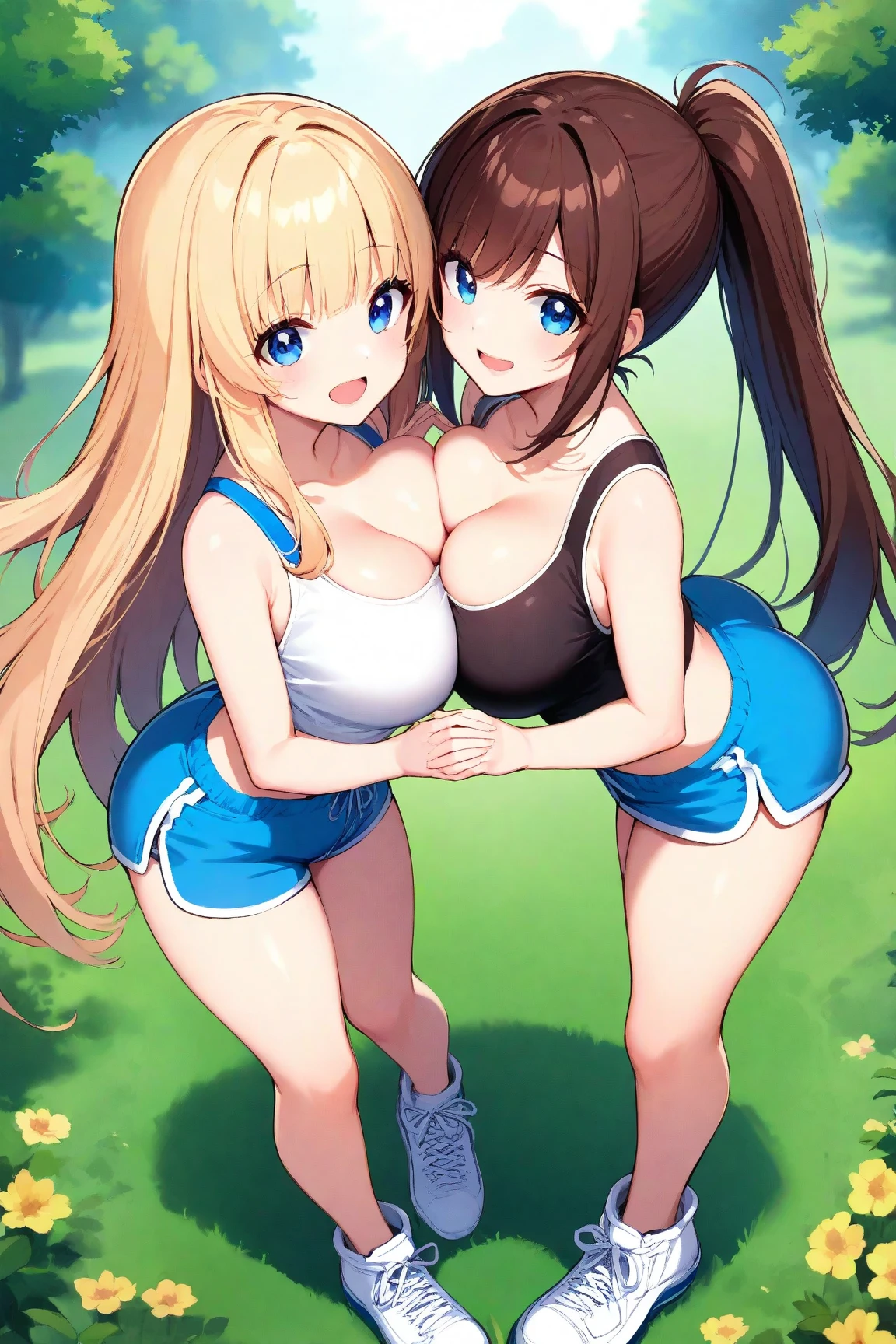 Lesbian (with very tight gym clothes) big breasts, big thighs que se bese con su novia, big breasts, big thighs,lesbian love 