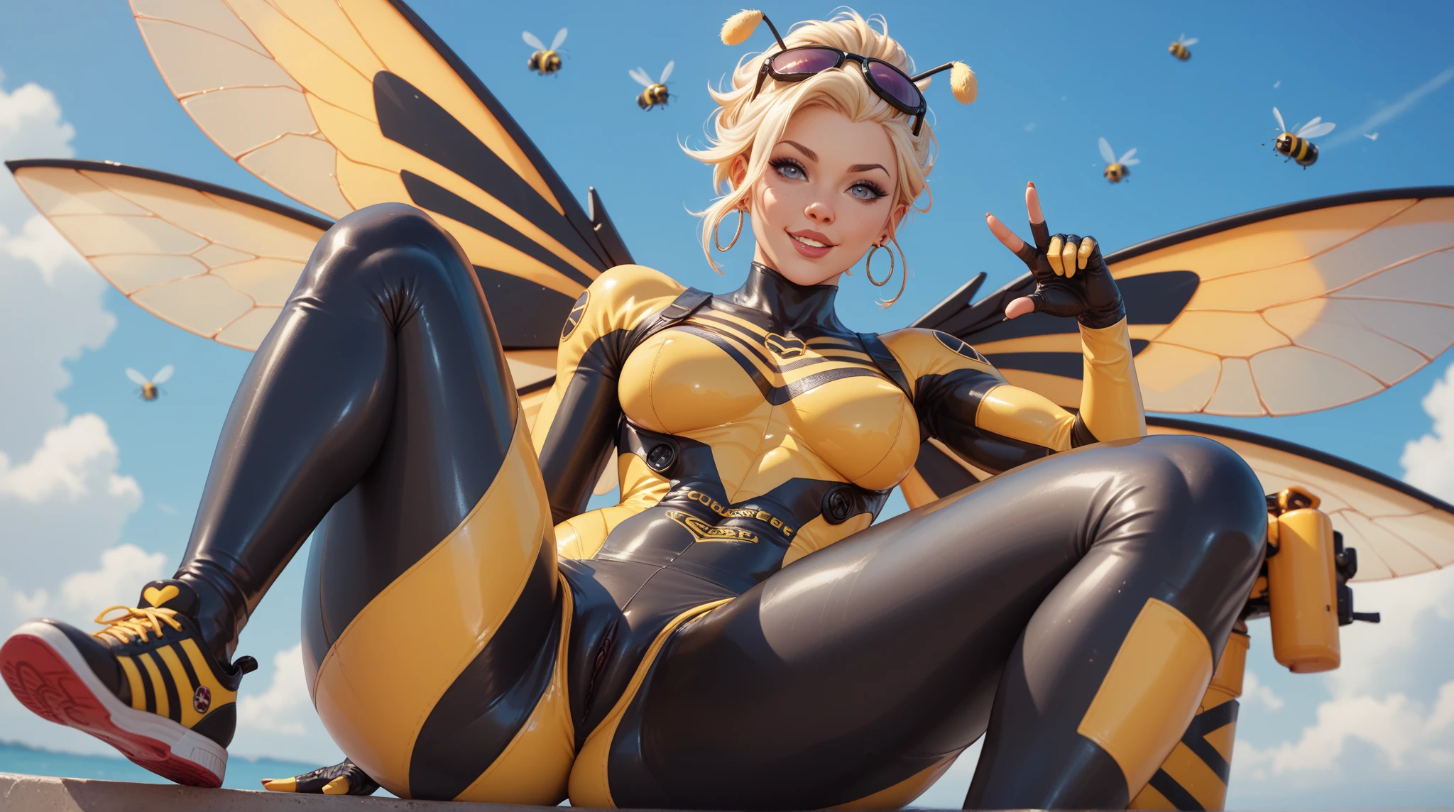 ((Masterpiece, best quality, photography, detailed skin, 8k, highly detailed, full body, High detail RAW color art, diffused soft lighting, shallow depth of field, sharp focus, hyperrealism, cinematic lighting, ((Female anthro bee:0.8)), Feminine insect humanoid creature, Four insectoid arms, wings Similar to a bee, Yellow and black color design, a remarkable Bee Body, Shiny Plug Suit, Bee wings, Cute Girl Face, a female, beautifully makeup, eyeshadow, beautiful big eyes, brown eyes, long eye lashes, monstrous insect, chitin skin, large almond shaped eyes, humanoid body style, sagging large breast, saggy body, spread legs, an evil gaze that seduces, lying, on side, bee nest 