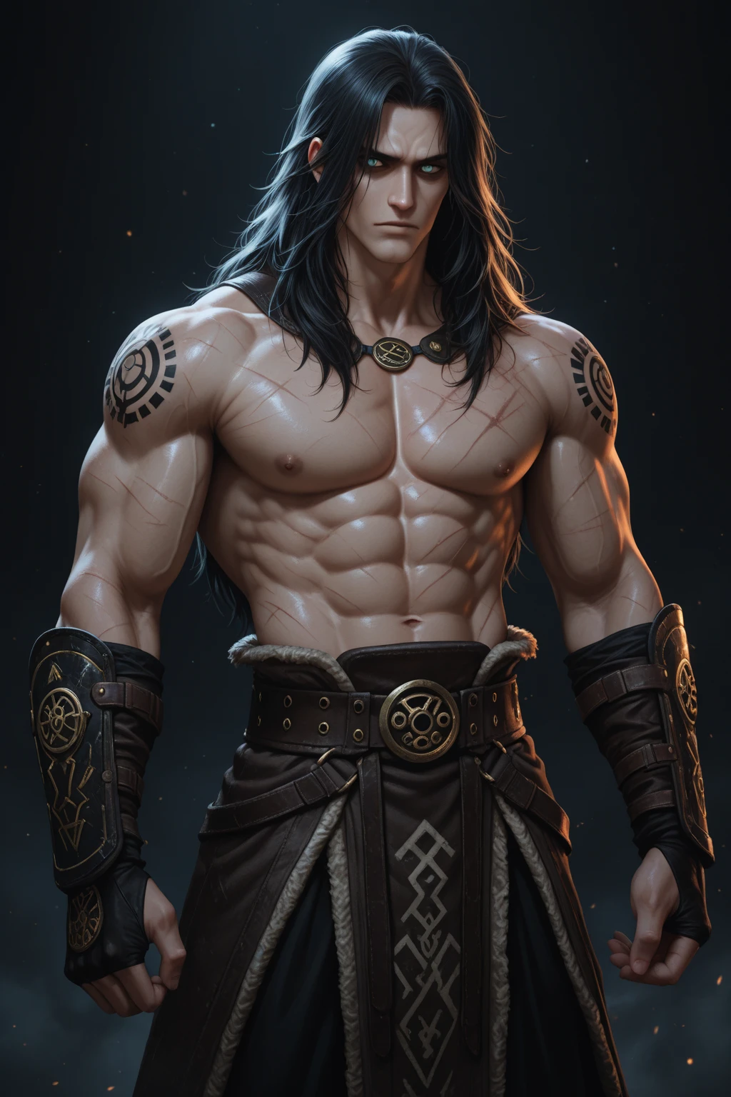 Half-orc, barbarian, golden eyes, Dark hair, grey skin, fantasy, ember, Male gender, Weight 95, Height 186, 17 yr old, The skin is completely grey, grayish skin, Orc, Race orc.